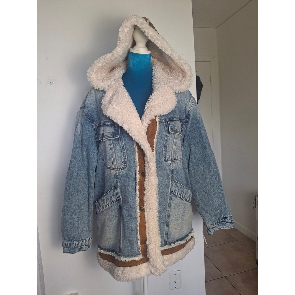 Free People We The Free CAt It Again Sherpa Denim Hooded Jacket Blue Brown L NEW